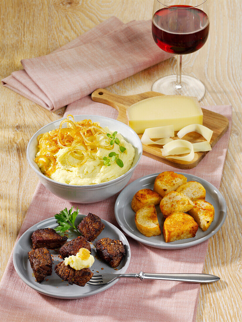 Fried steak with French mashed potatoes