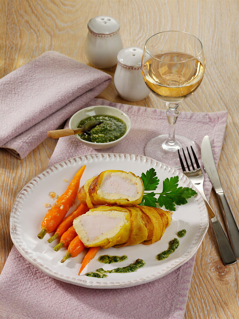 Poularde wrapped in potato with carrots