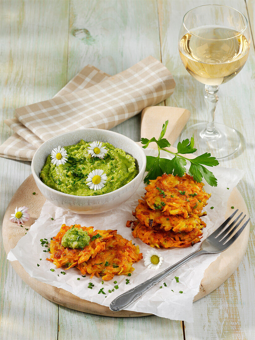 Carrot fritters with spring herb hummus