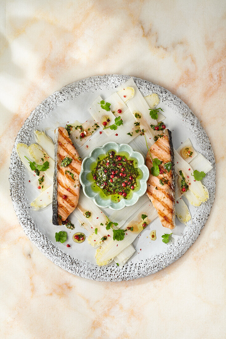 Grilled salmon and asparagus carpaccio in pink pepper marinade
