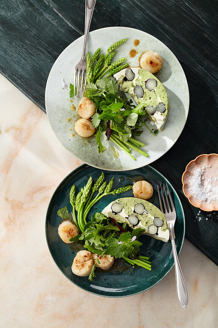 Wild asparagus and avocado terrine with scallops