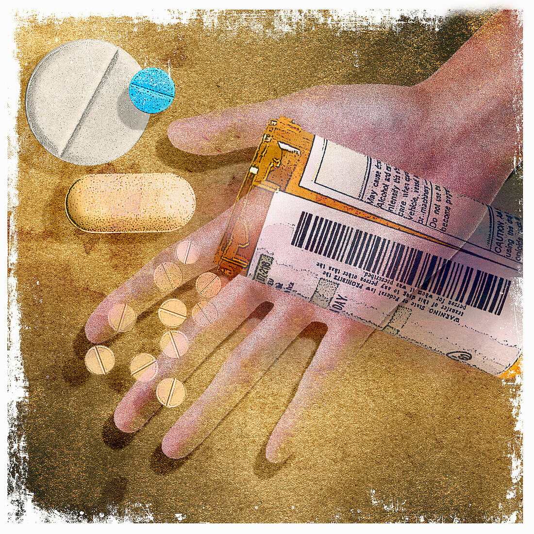 Pills tipping from pill bottle into hand, illustration