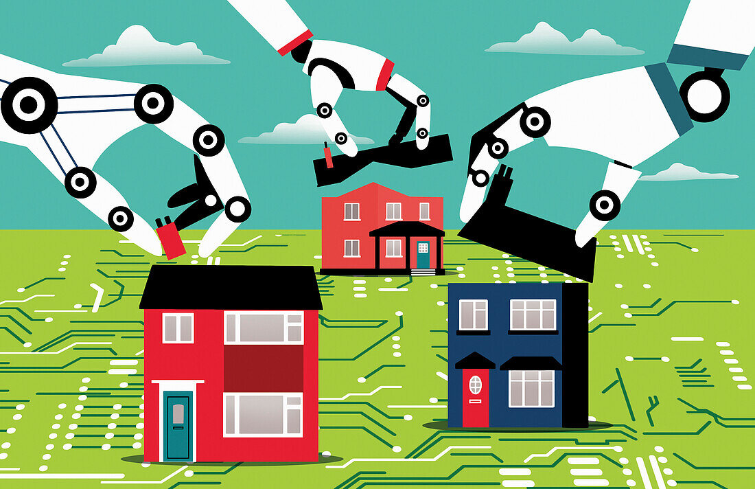 Robots building houses on circuit board, illustration