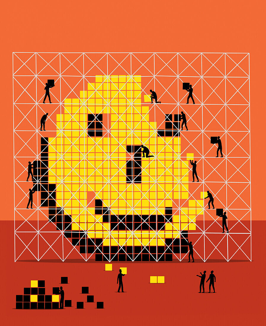 People building a pixel smiley face, illustration