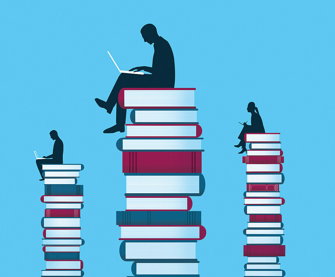 People working on top of pile of books, illustration