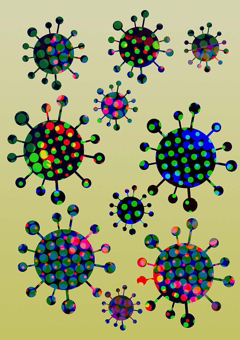 Multi-coloured coronavirus particles, illustration