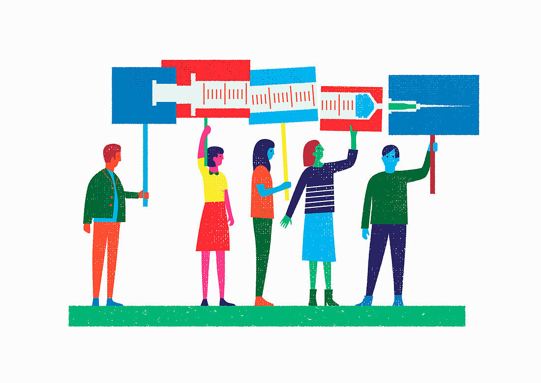 People holding up placards forming a syringe, illustration