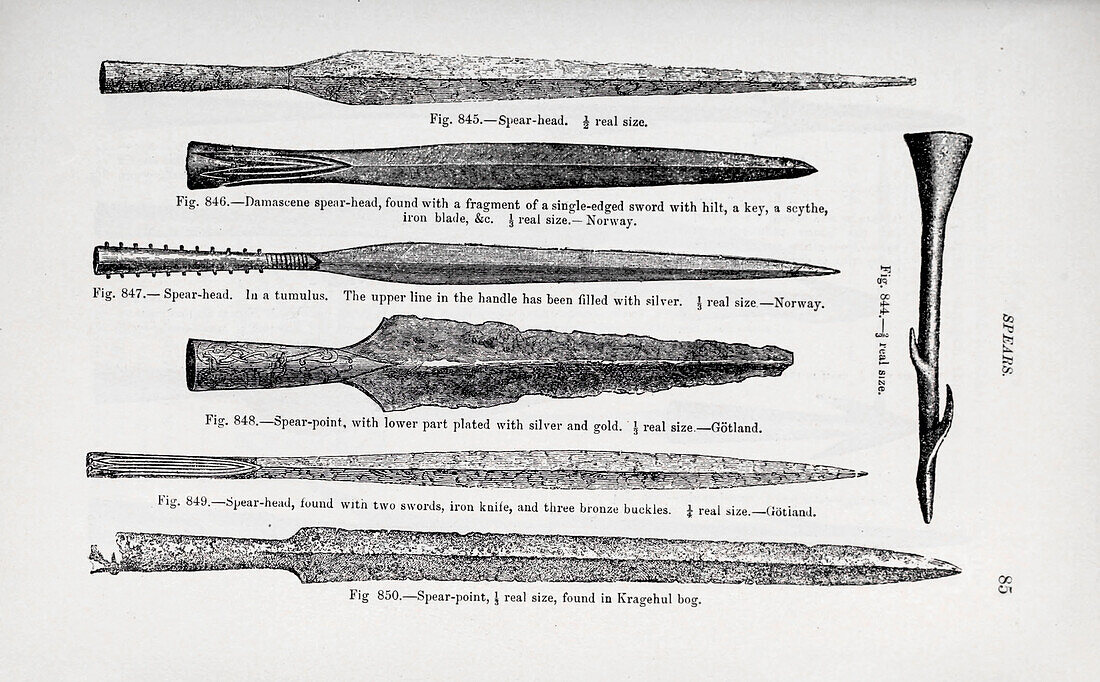 Viking age iron spearheads, 19th century illustration