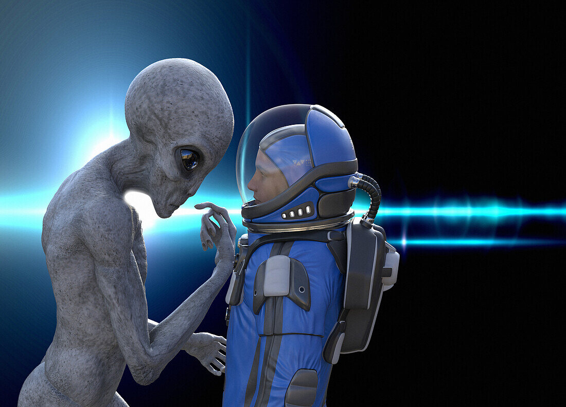 Astronaut meeting an alien, illustration