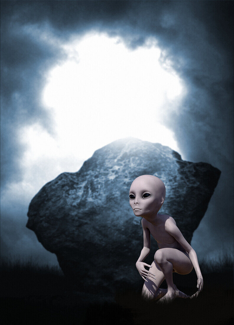 Alien hiding behind a rock, illustration