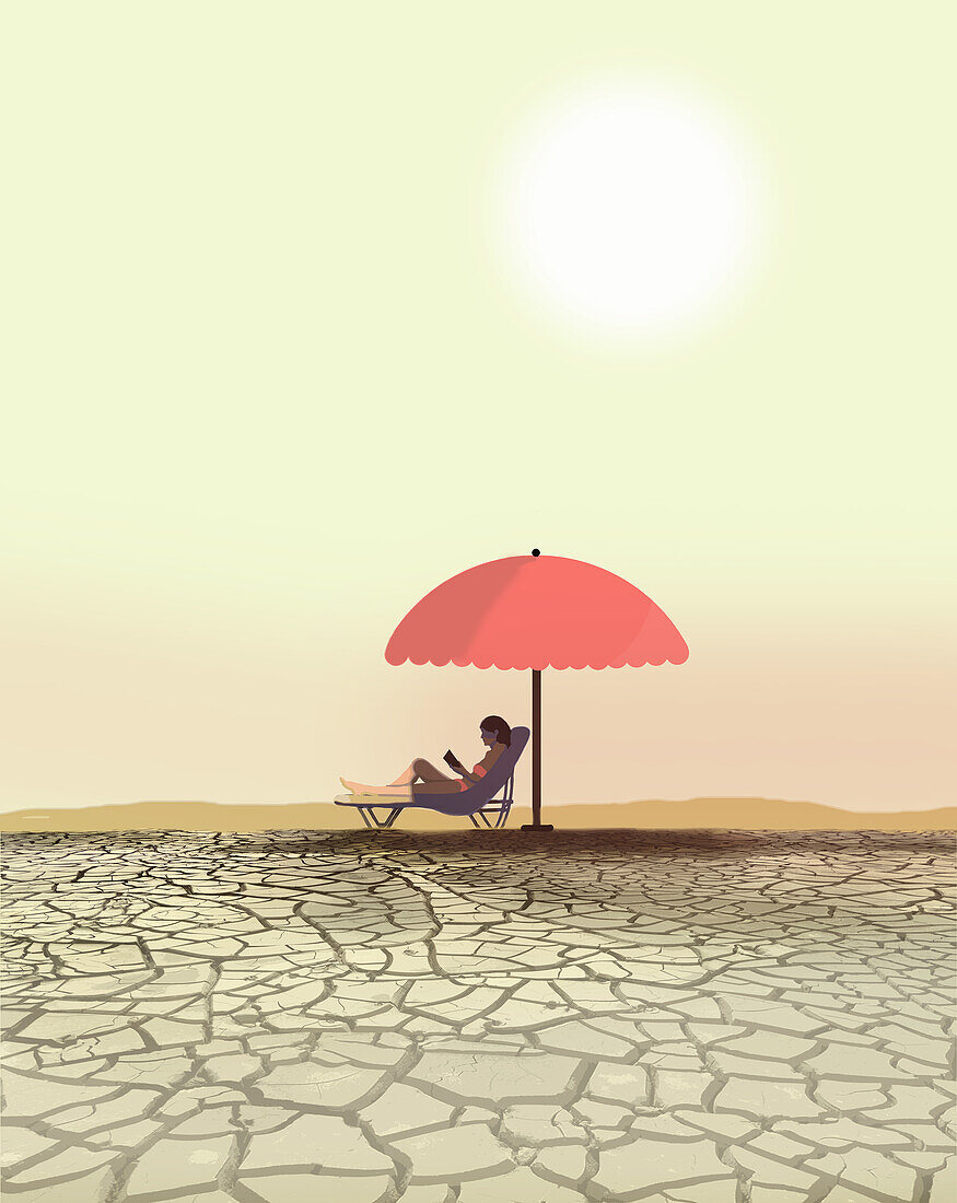 Woman reading under beach umbrella in drought, illustration