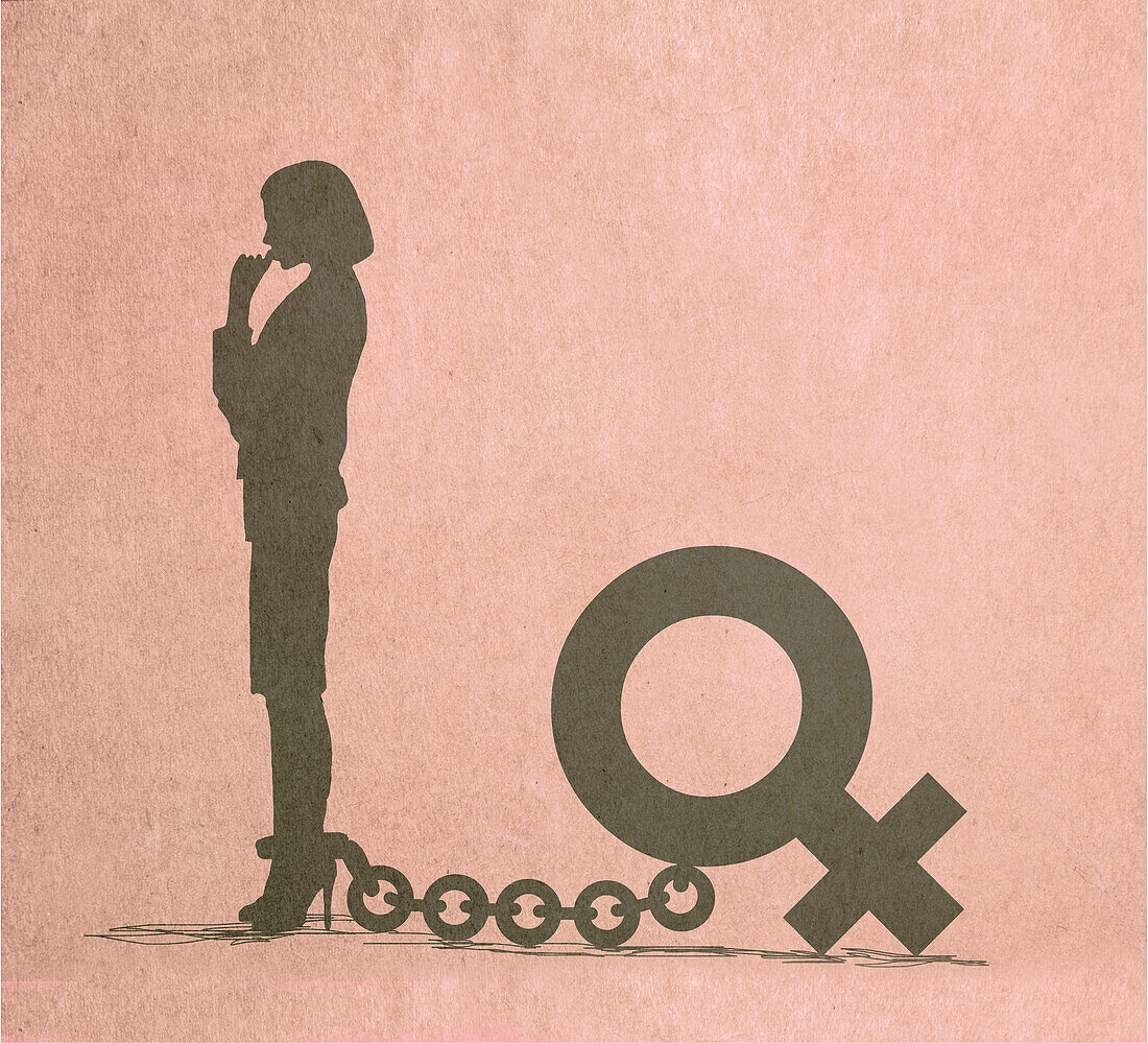 Woman chained to a female symbol, illustration