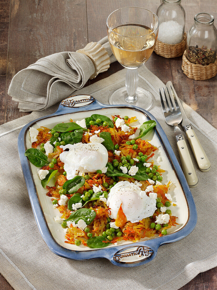 Carrot-potato sheet bake with egg and spinach