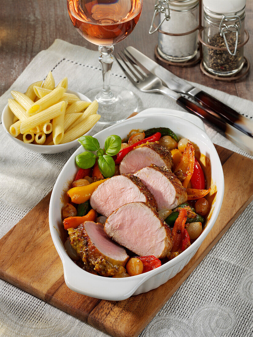 Pepper fillet of pork with paprika vegetables