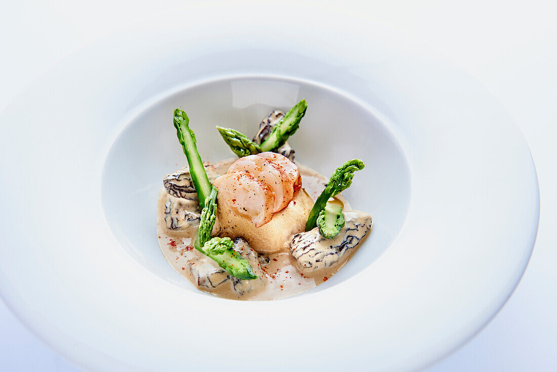 Lobster with green asparagus and morel sauce