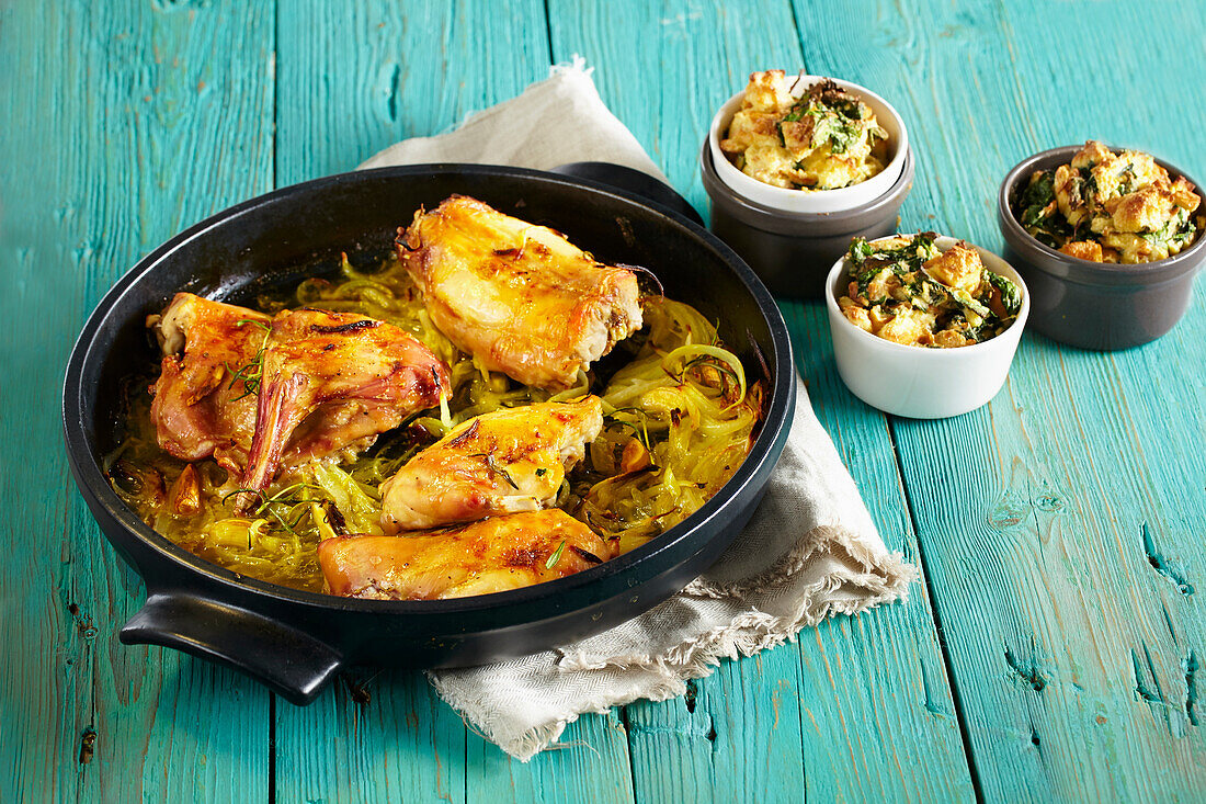 Rabbit on onion and garlic with nettle stuffing