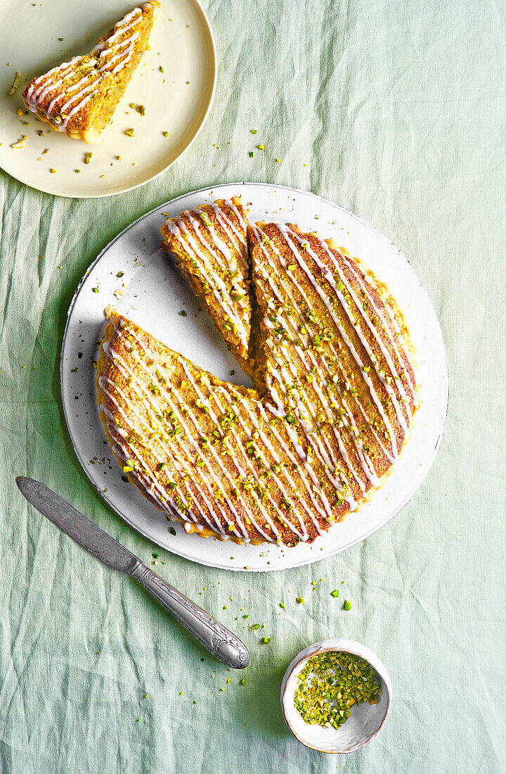 Lemon and pistachio bakewell tart