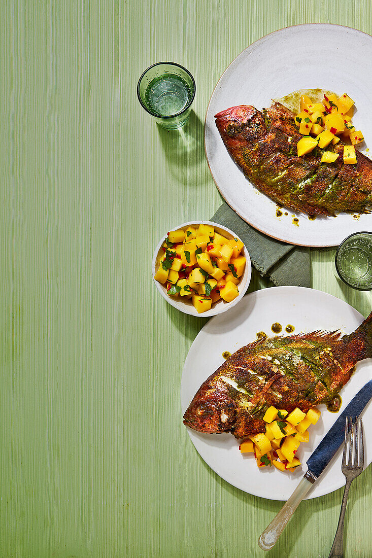 Grilled snapper with mango chow