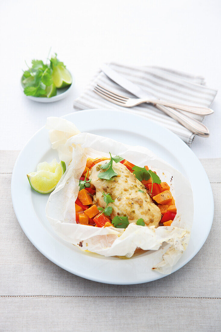 Thai-style chicken and sweet potato parcels