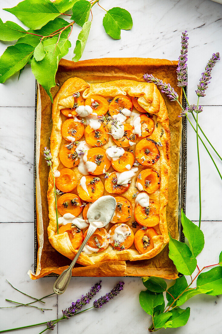 Vegane Marillen-Lavendel-Tarte mit Mandel-Vanille-Creme