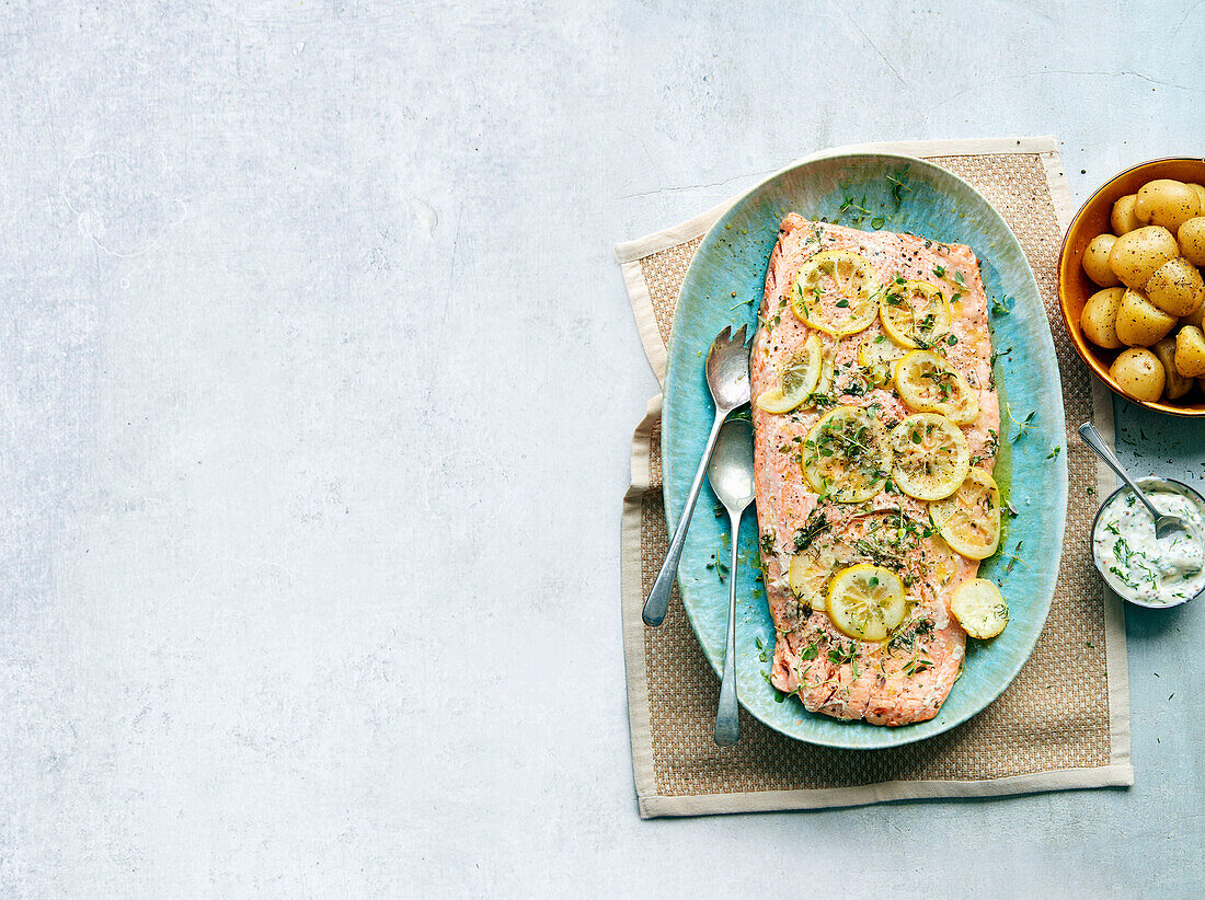 Slow roasted salmon with potato salad and dill and mustard mayonnaise