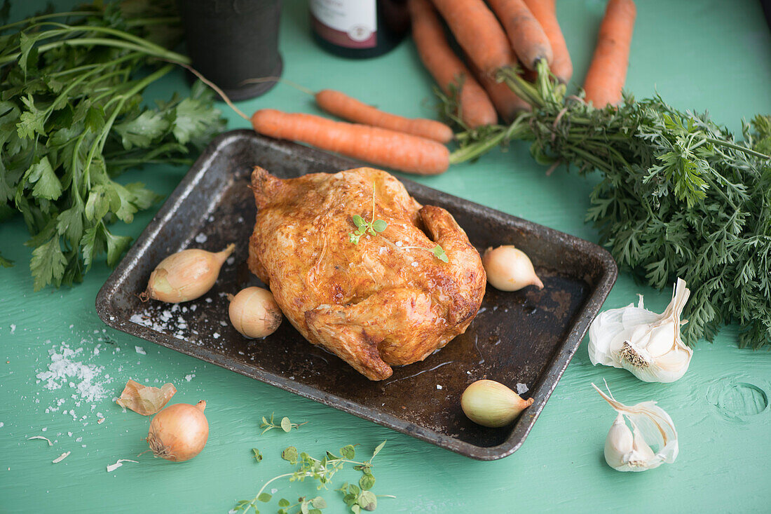 Roast chicken on an oven tray