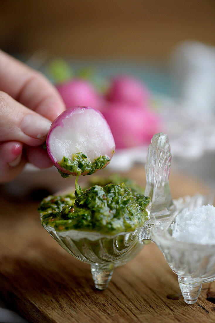 Blanched radishes with herb chimichurri for dipping