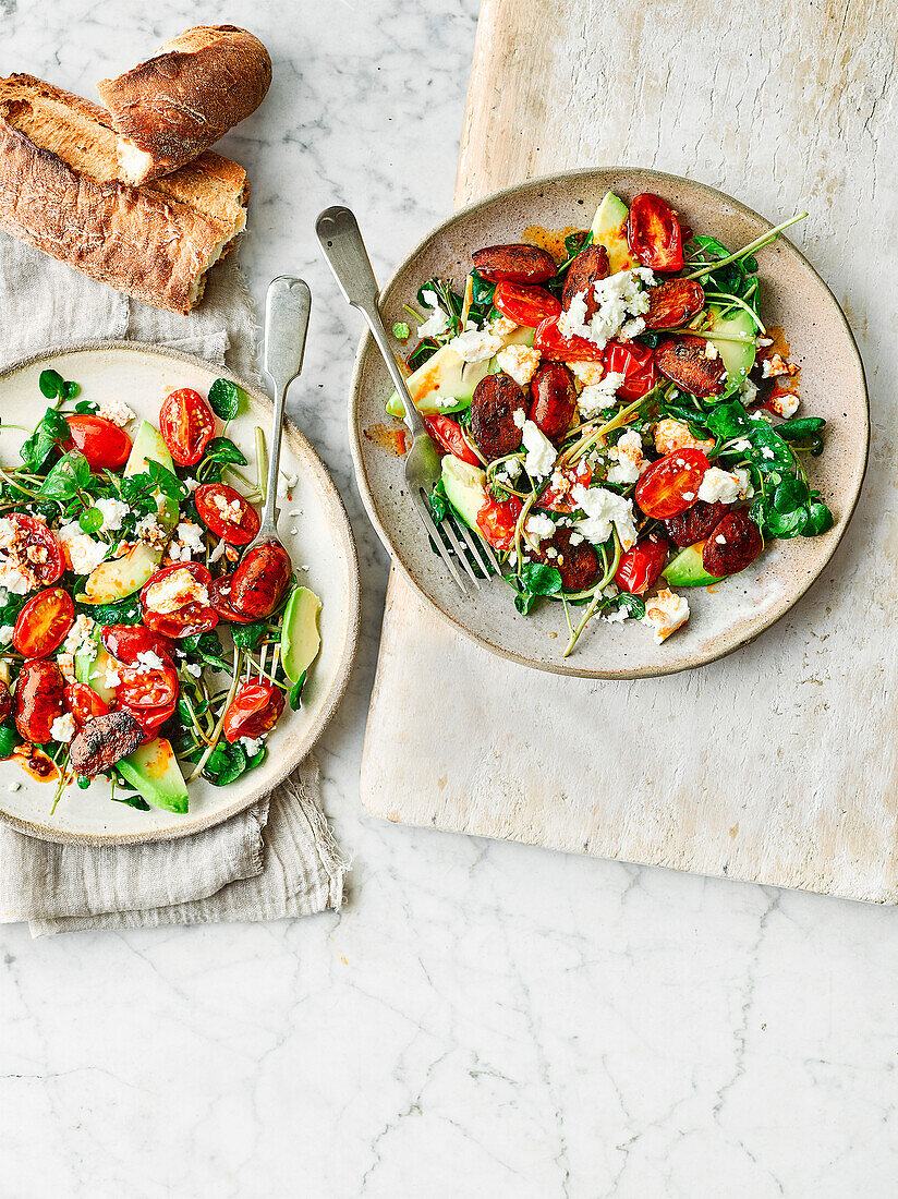 Warm chorizo, feta and avocado salad