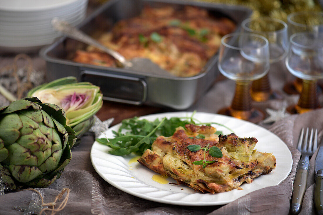 Lasagne mit Pilzen, geräuchertem Käse und Artischocken