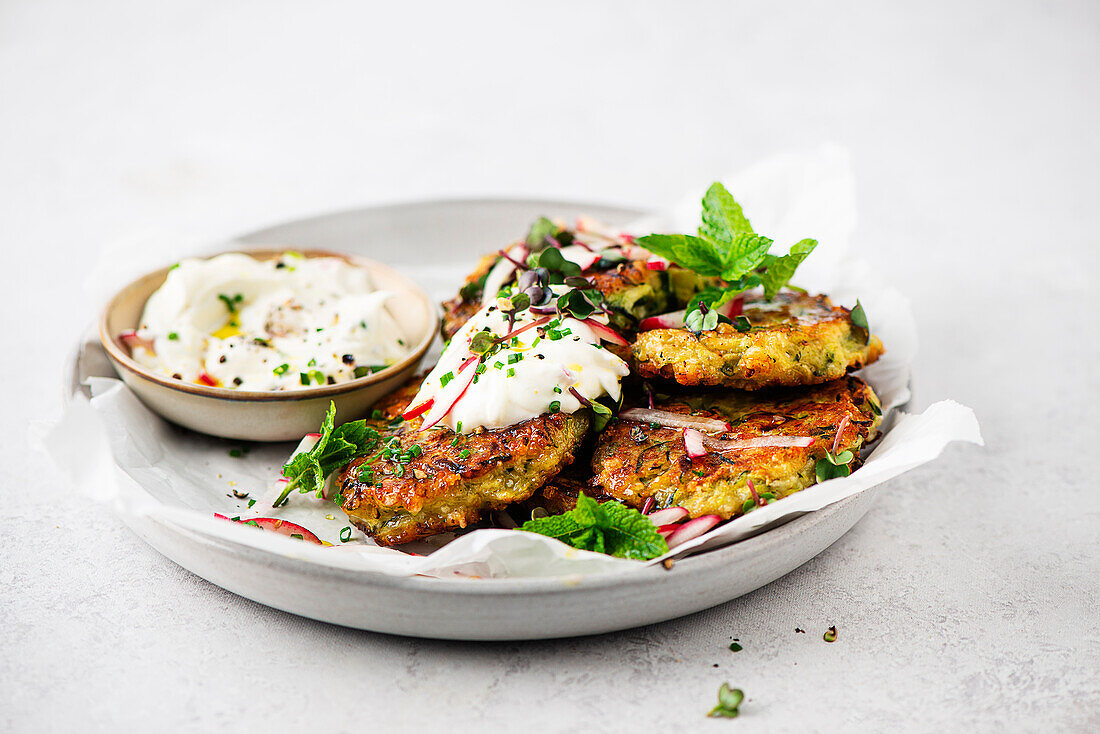 Zucchini-Röstis mit Joghurt-Dip