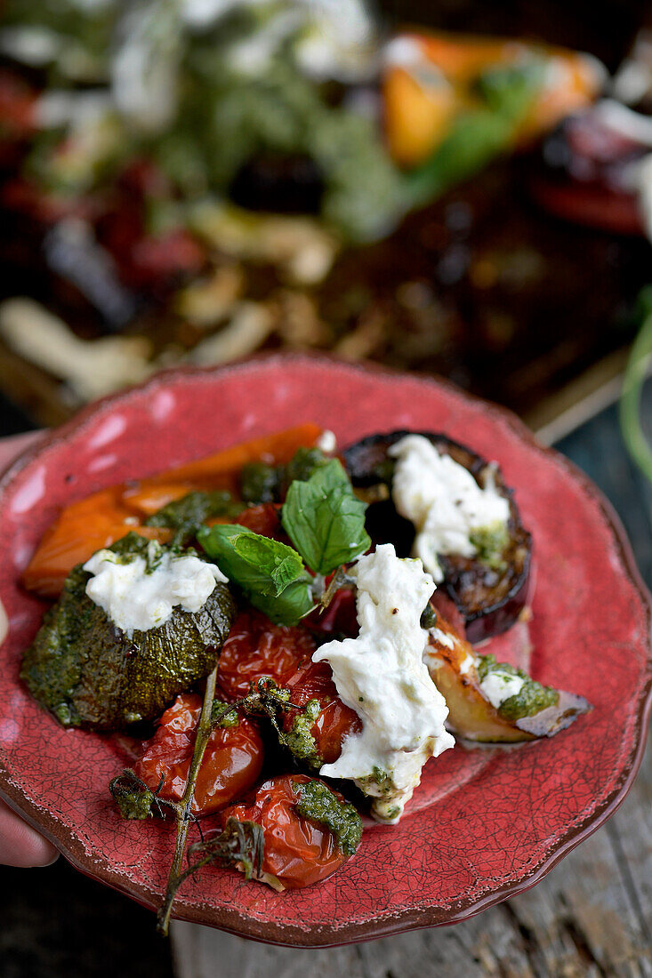 Roasted vegetables with burrata and mint pesto