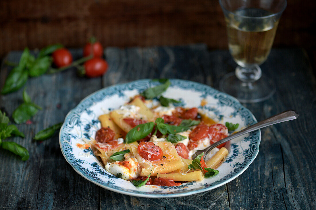 Pasta mit Tomaten, Burrata und Basilikum