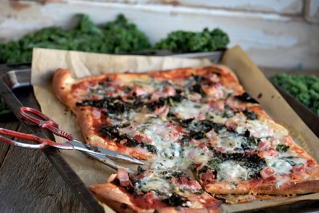Kale pizza with pancetta and gorgonzola