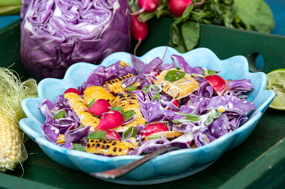 Corn and red cabbage salad with lime dressing