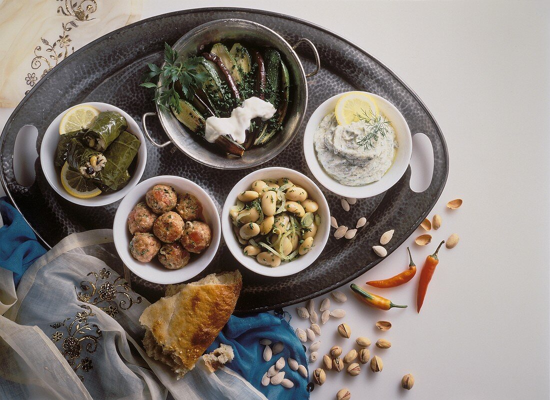 Dish of Turkish appetisers on tray