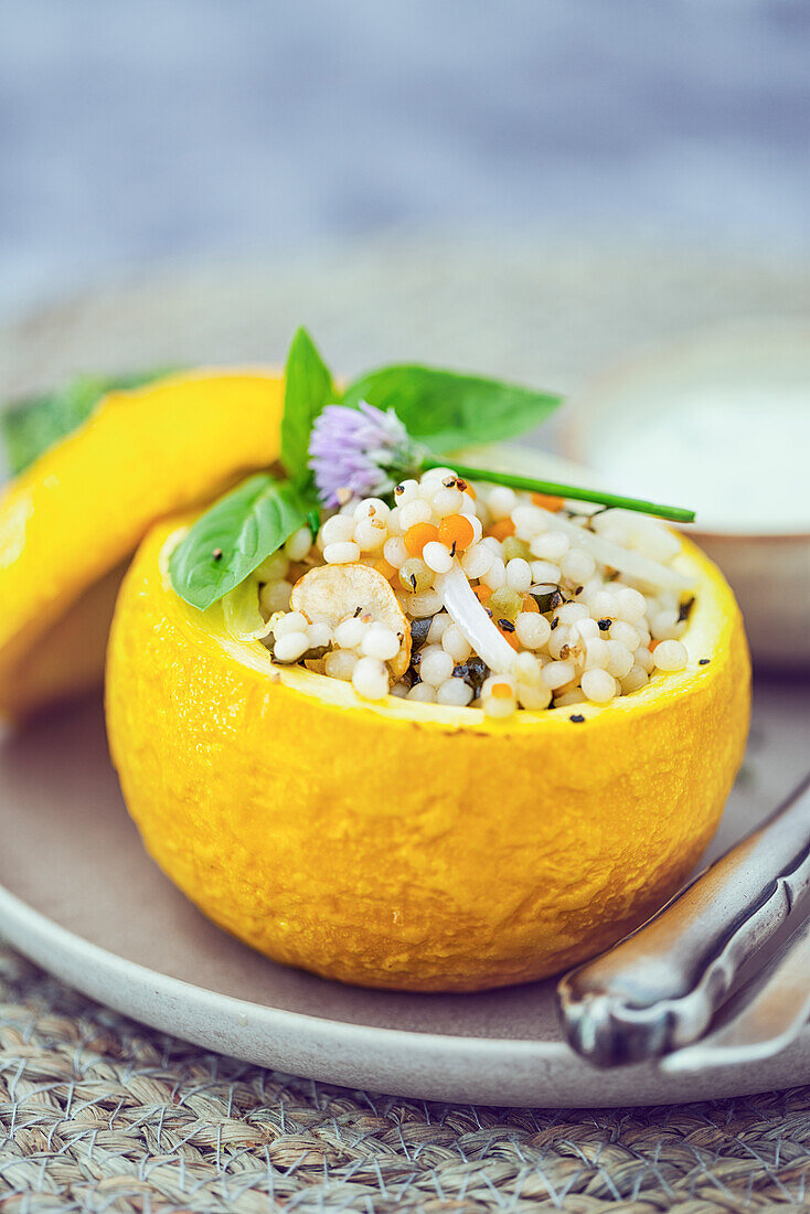 Stuffed floridor squash with couscous pearls (vegetarian)