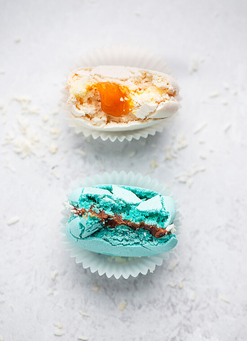 Coconut-mango macaron and coconut-chocolate macaron