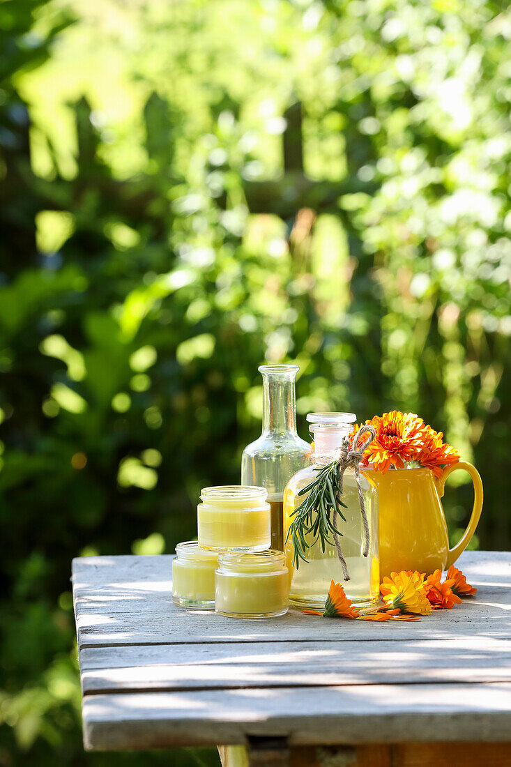 Natural remedies made from marigolds: face lotion, ointment and lip balm