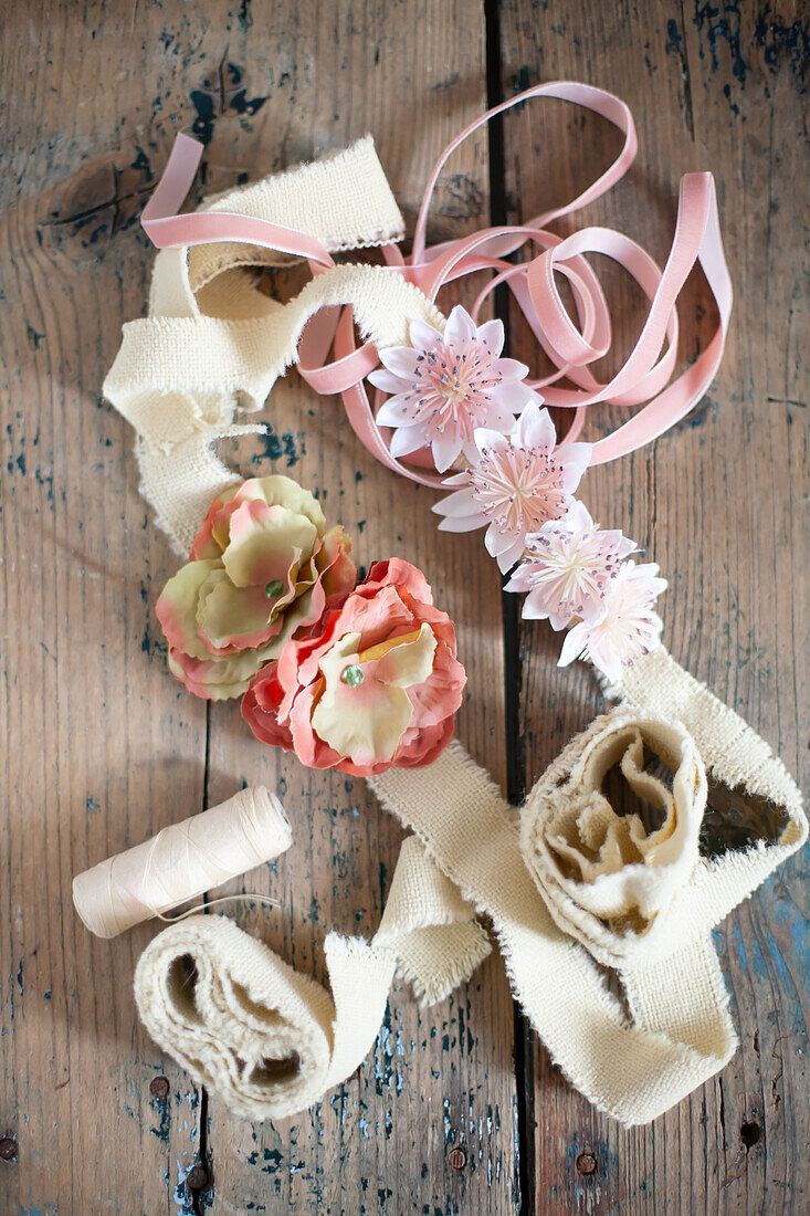 Fabric ribbon with artificial flowers