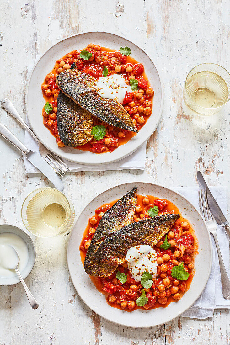 Garam masala-spiced roasted mackerel with tamarind chickpeas