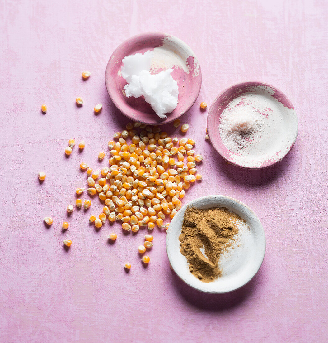 Ingredients for popcorn with licorice root powder (vegan)
