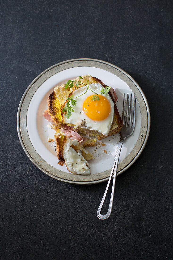 Croque Madame (ham and cheese toast) with fried egg