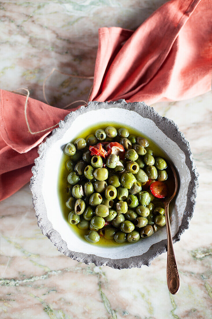 Marinated green olives