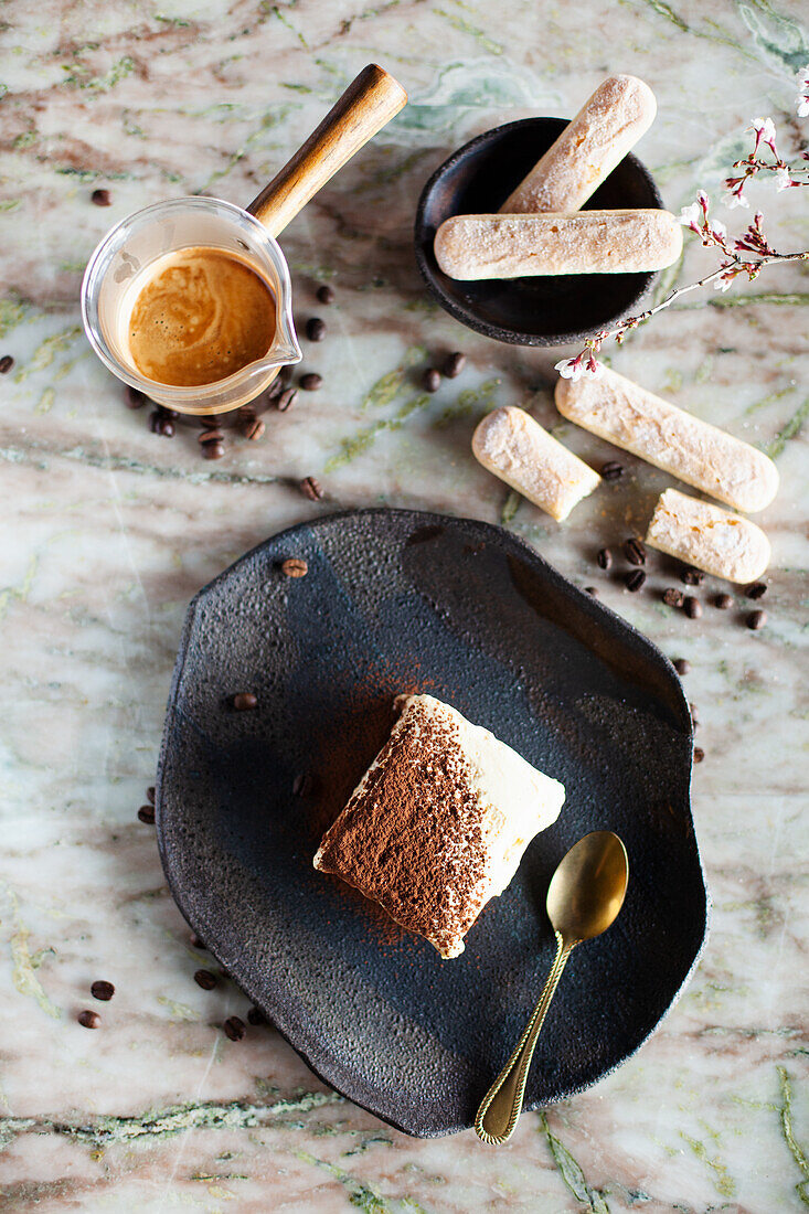 Tiramisu next to lady fingers and espresso