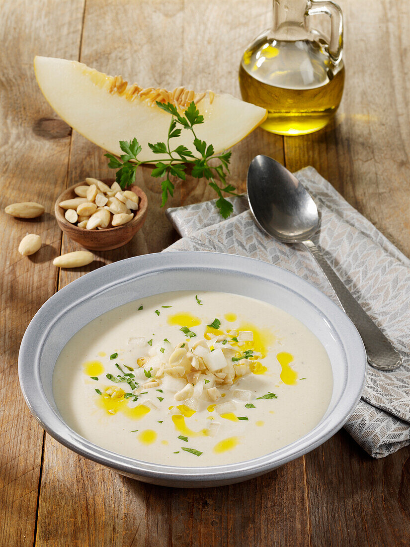 Andalusian white gazpacho with almonds and honeydew melon