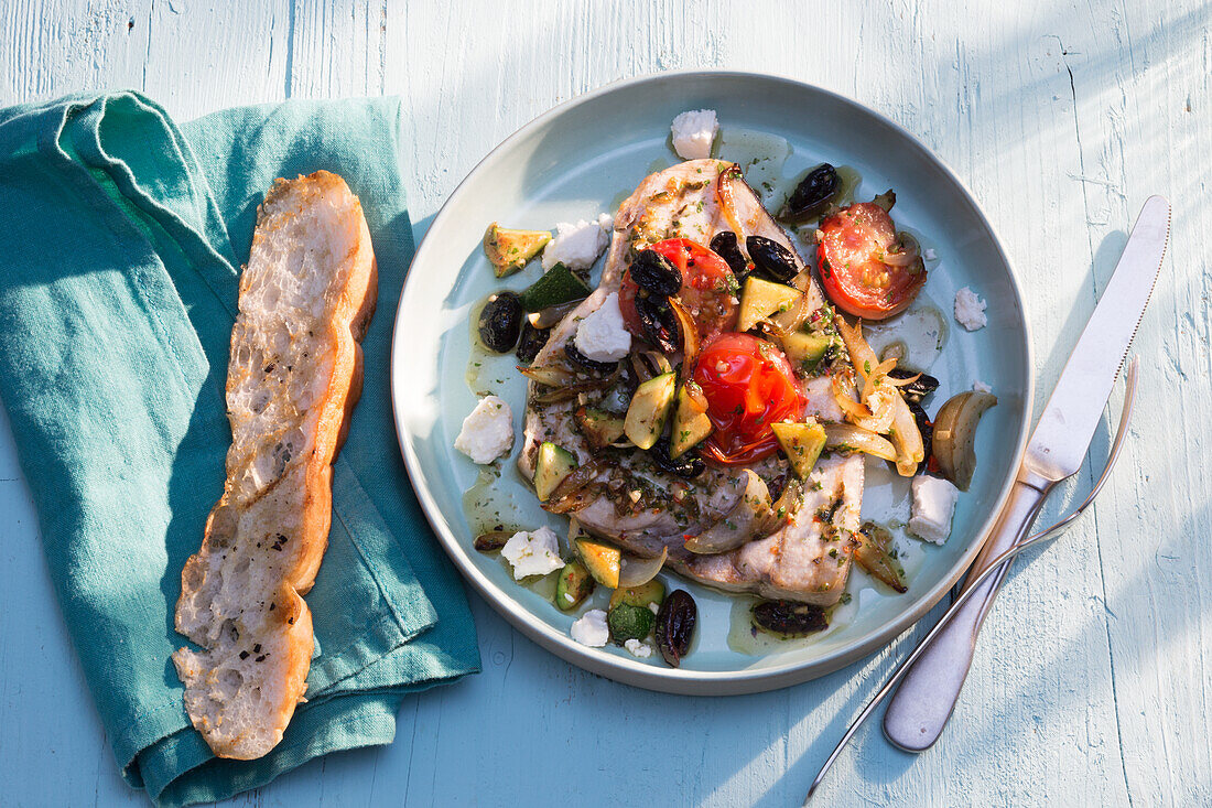 Fried swordfish with Mediterranean vegetables