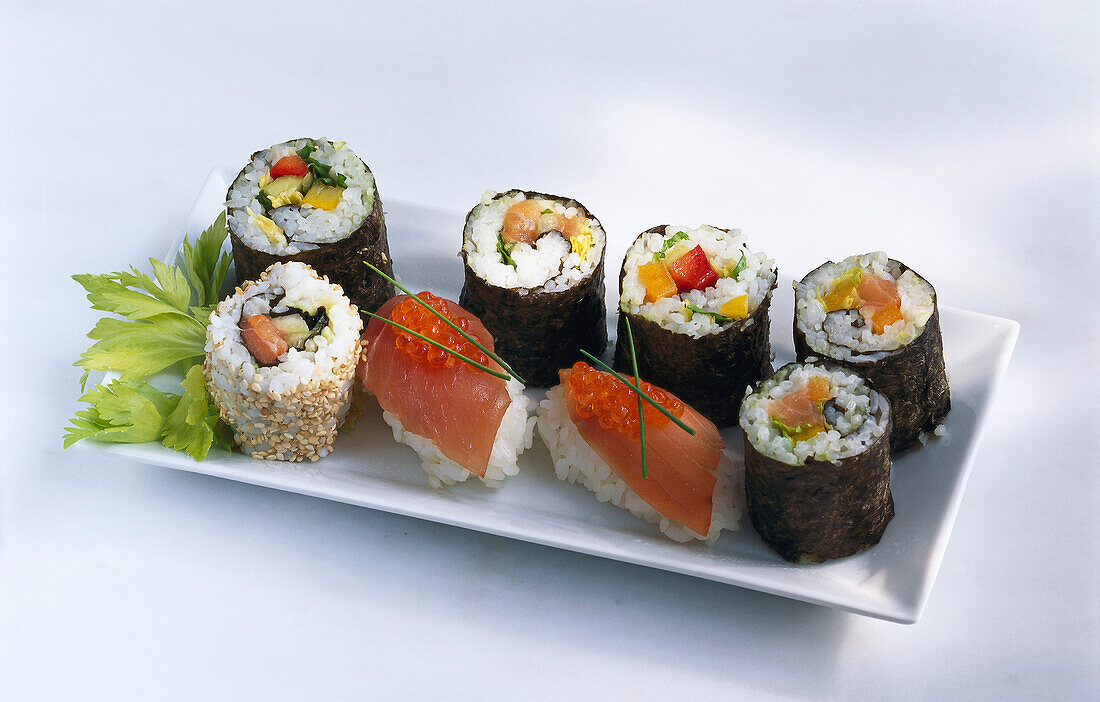 Sushi platter with nigiri, maki, and ura-maki