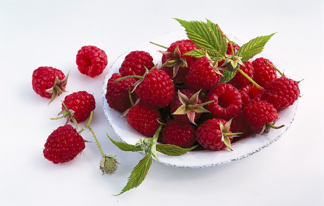 Raspberries on a small plate and light background