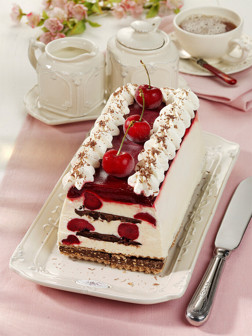 Ice cream cake with cherries