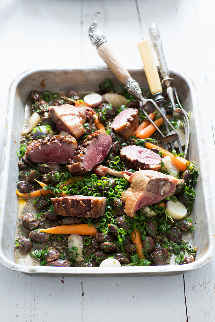 Duck dish with lentils and vegetables